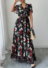 Ruffled Floral Print Smocked Maxi Dress